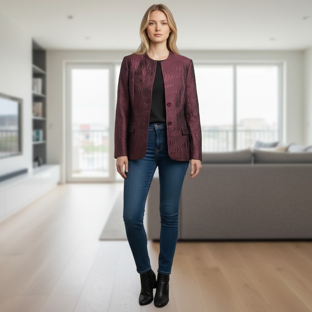 Lafayette 148 Jacket Womens 14 Burgundy Textured Jacquard Collarless Button